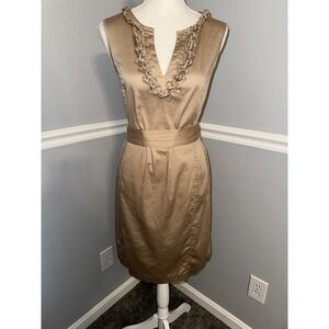 Talbots Petites Dress Size 10P Khaki Sheath Tie Waist Sleeveless Notched V Neck